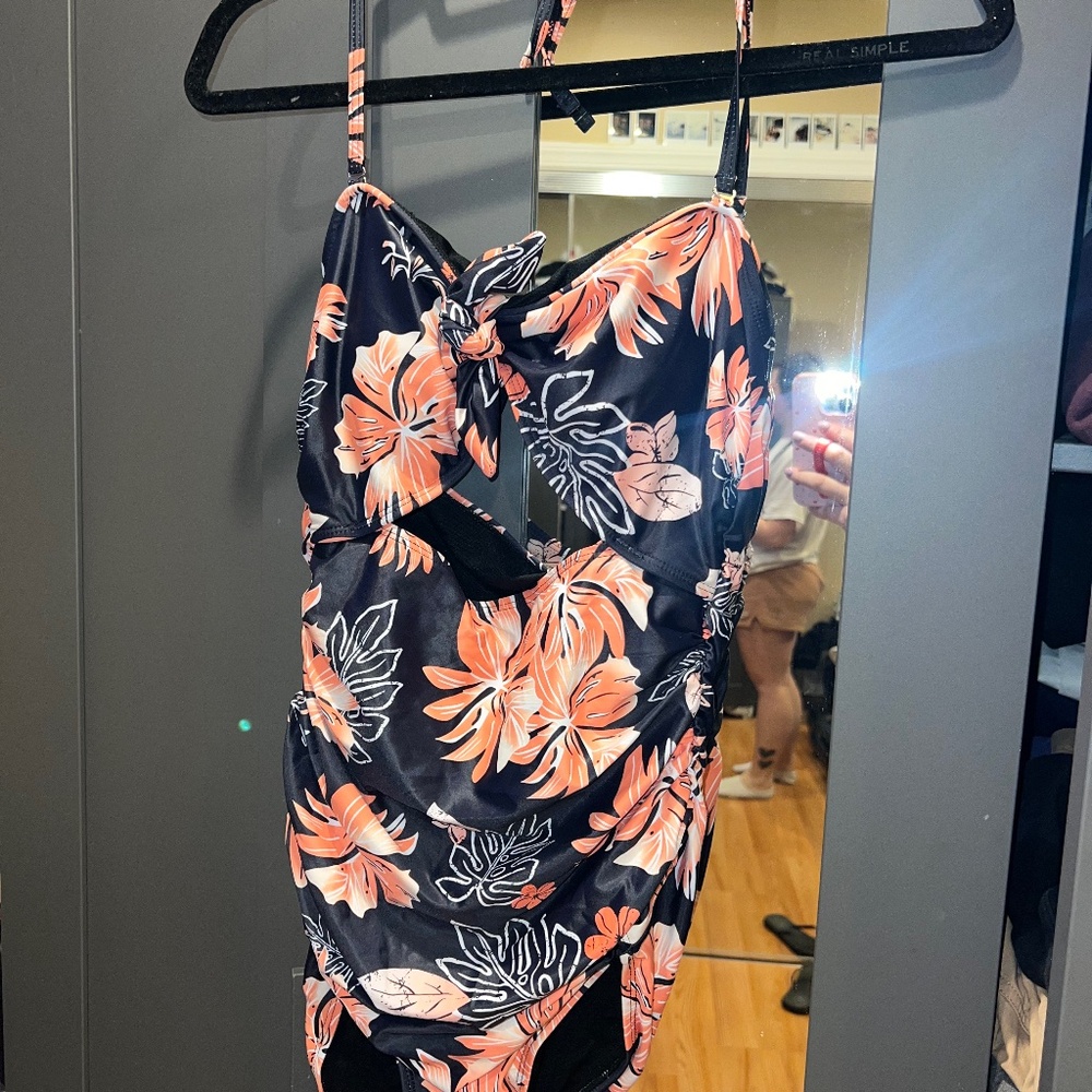 Black One Piece Bathing Suit with Pink Flowers